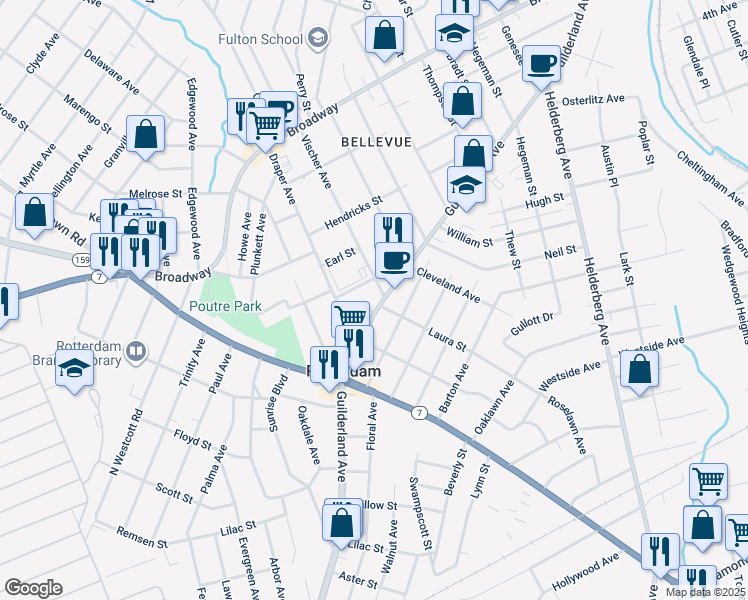 map of restaurants, bars, coffee shops, grocery stores, and more near 2623 Guilderland Avenue in Rotterdam