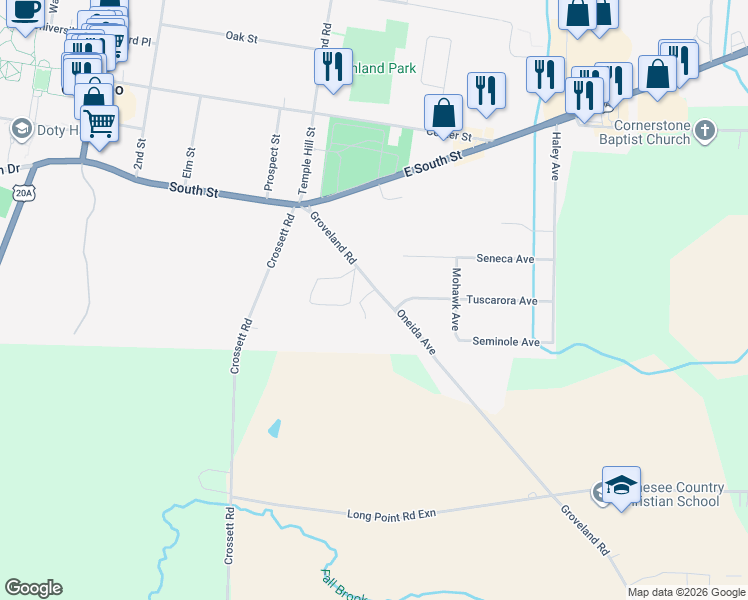 map of restaurants, bars, coffee shops, grocery stores, and more near 26 Groveland Road in Geneseo