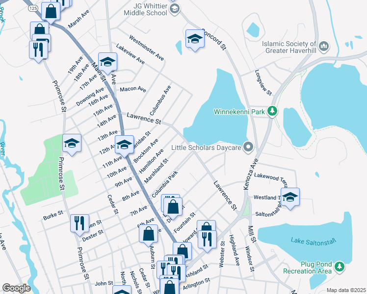 map of restaurants, bars, coffee shops, grocery stores, and more near 75 Marshland Street in Haverhill