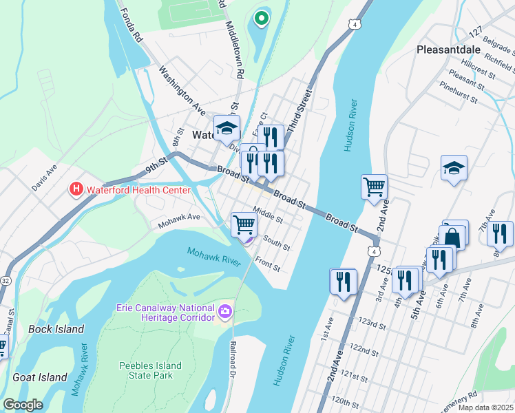 map of restaurants, bars, coffee shops, grocery stores, and more near 34 Middle Street in Waterford