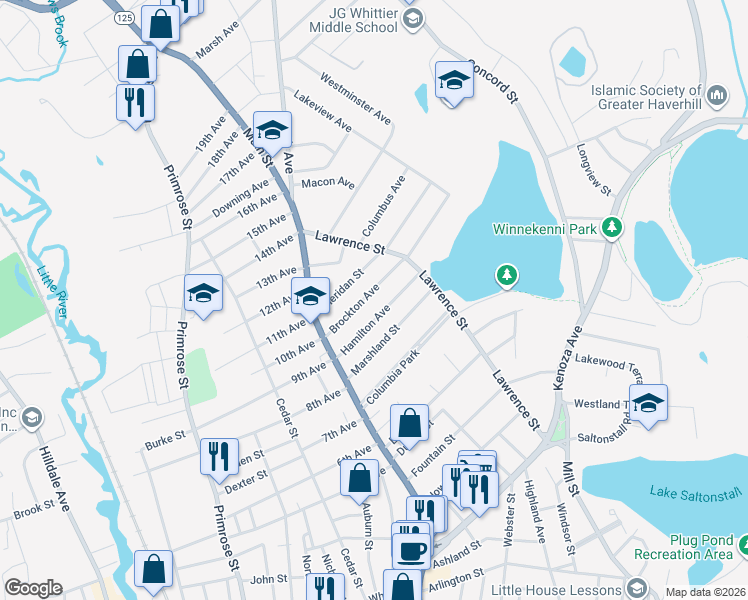 map of restaurants, bars, coffee shops, grocery stores, and more near 50 Hamilton Avenue in Haverhill