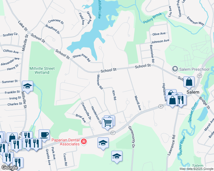 map of restaurants, bars, coffee shops, grocery stores, and more near 2 Kim Road in Salem
