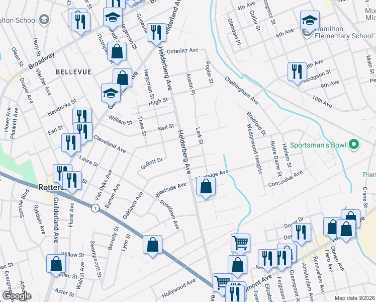 map of restaurants, bars, coffee shops, grocery stores, and more near 1369 Helderberg Avenue in Rotterdam