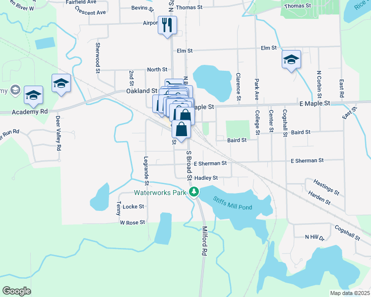 map of restaurants, bars, coffee shops, grocery stores, and more near 404 South Broad Street in Holly