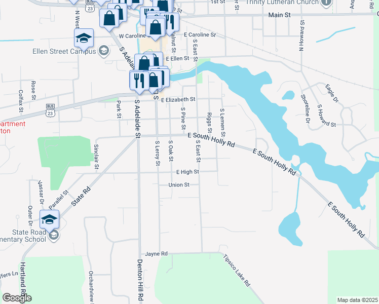 map of restaurants, bars, coffee shops, grocery stores, and more near 617 South Oak Street in Fenton