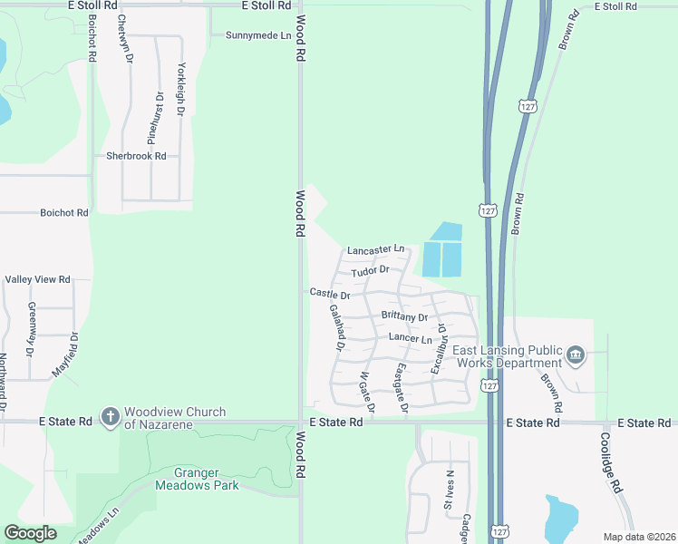 map of restaurants, bars, coffee shops, grocery stores, and more near 15671 Wood Road in Lansing