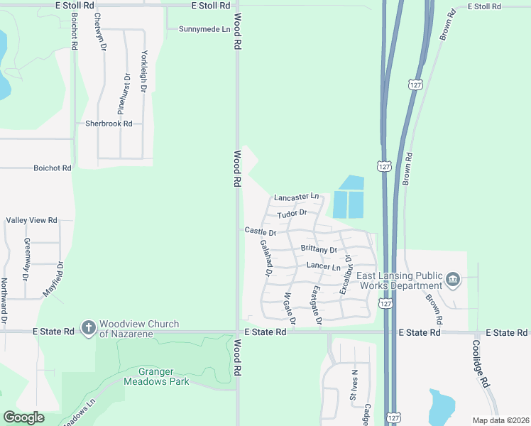 map of restaurants, bars, coffee shops, grocery stores, and more near 15671 Wood Road in Lansing