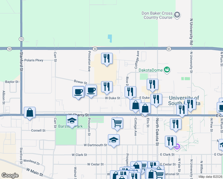map of restaurants, bars, coffee shops, grocery stores, and more near 815 Radcliffe Circle in Vermillion