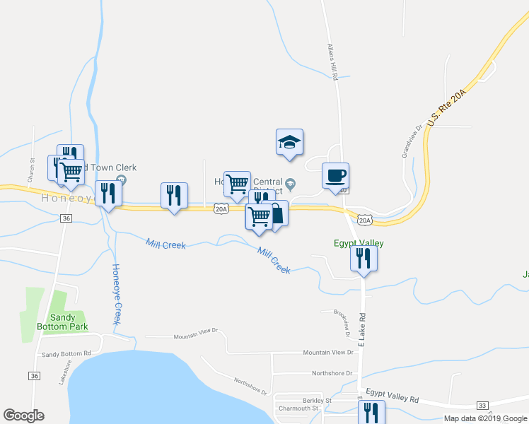 map of restaurants, bars, coffee shops, grocery stores, and more near 8565 Main Street in Honeoye