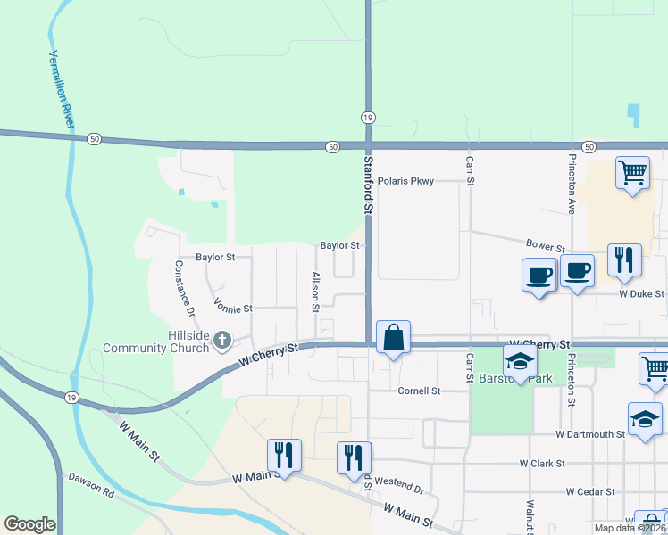 map of restaurants, bars, coffee shops, grocery stores, and more near 1025 Kim Ln in Vermillion