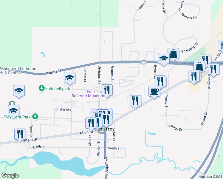 map of restaurants, bars, coffee shops, grocery stores, and more near 1998 Church Street in East Troy