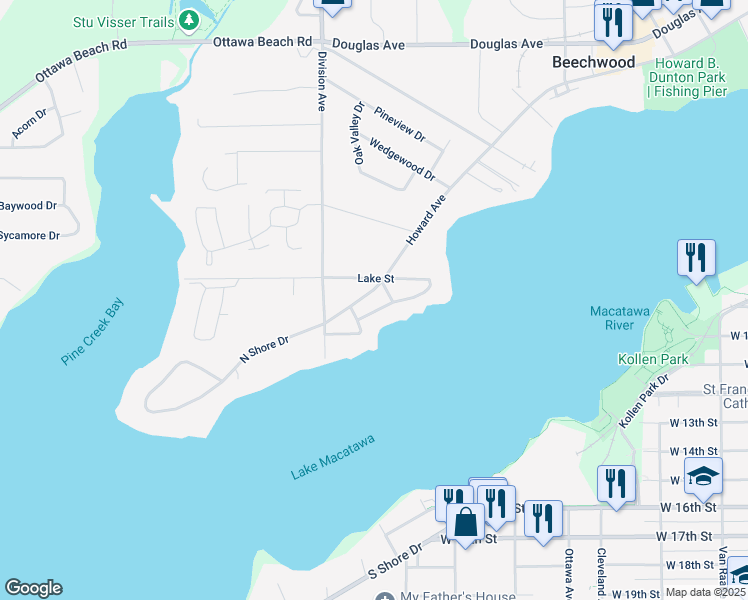 map of restaurants, bars, coffee shops, grocery stores, and more near 646 North Shore Drive in Holland