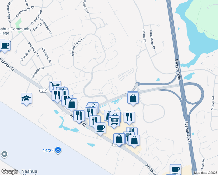 map of restaurants, bars, coffee shops, grocery stores, and more near 7 Kessler Farm Drive in Nashua
