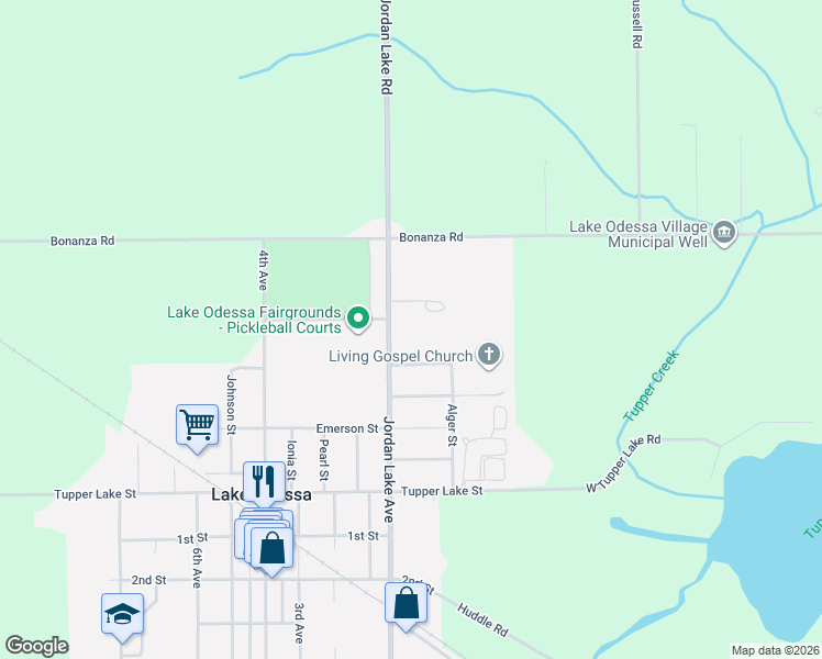 map of restaurants, bars, coffee shops, grocery stores, and more near 1421 Rochester Street in Lake Odessa