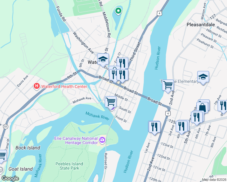 map of restaurants, bars, coffee shops, grocery stores, and more near 34 Middle Street in Waterford