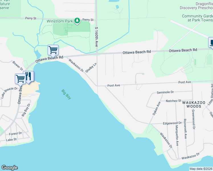 map of restaurants, bars, coffee shops, grocery stores, and more near 1504 Waukazoo Drive in Holland