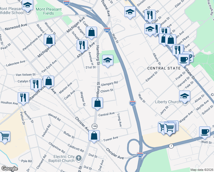 map of restaurants, bars, coffee shops, grocery stores, and more near 205 Chism Street in Schenectady