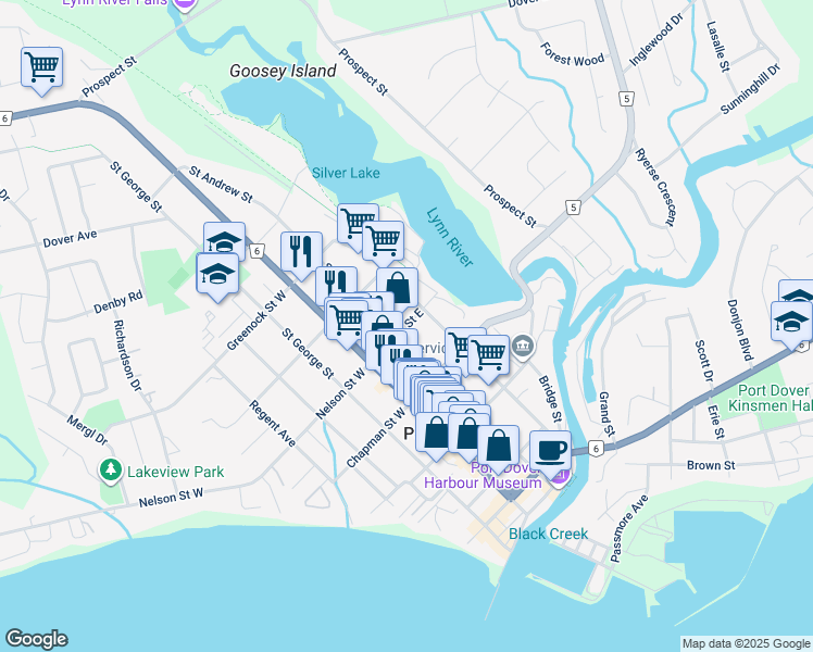 map of restaurants, bars, coffee shops, grocery stores, and more near Nelson Street East in Port Dover
