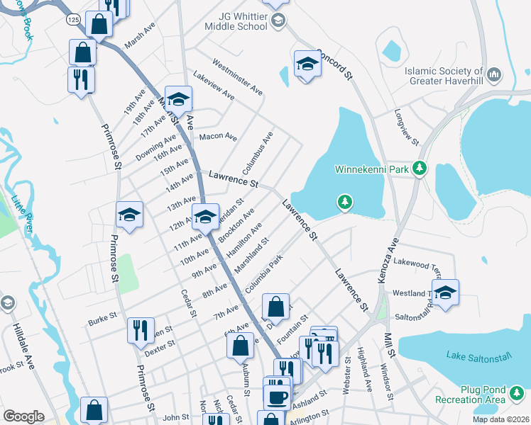 map of restaurants, bars, coffee shops, grocery stores, and more near 50 Hamilton Avenue in Haverhill