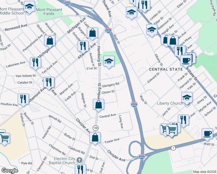 map of restaurants, bars, coffee shops, grocery stores, and more near 205 Chism Street in Schenectady