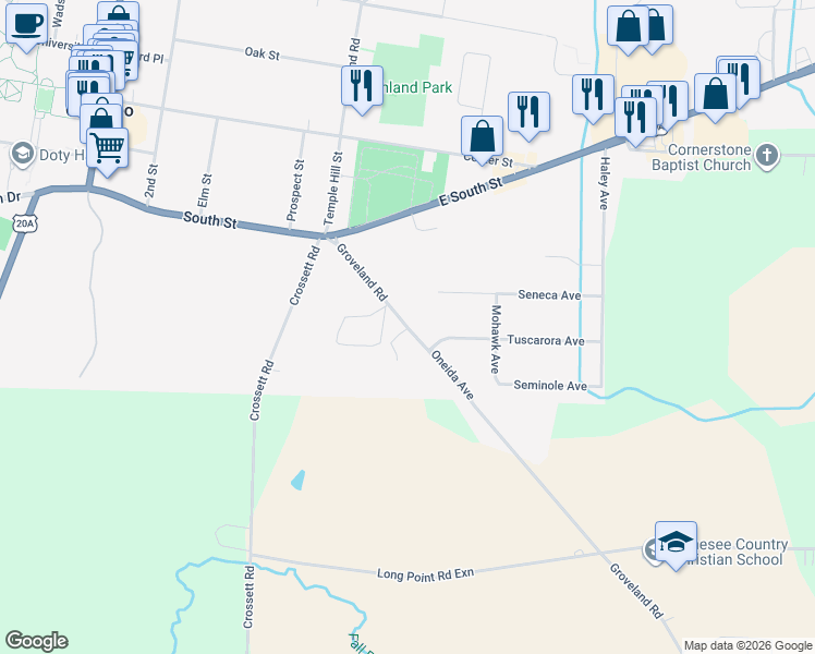 map of restaurants, bars, coffee shops, grocery stores, and more near 26 Groveland Road in Geneseo