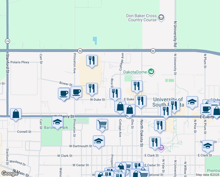 map of restaurants, bars, coffee shops, grocery stores, and more near 910 Rice Drive in Vermillion