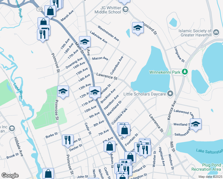 map of restaurants, bars, coffee shops, grocery stores, and more near 50 Hamilton Avenue in Haverhill