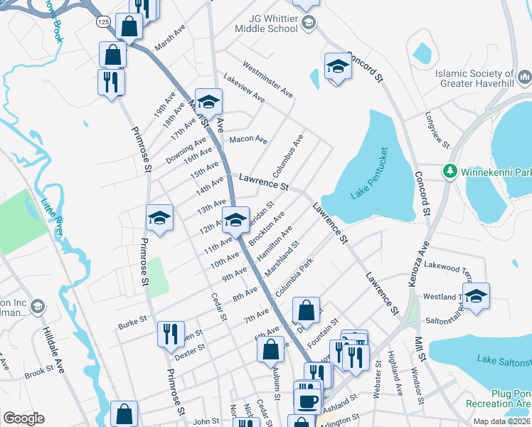 map of restaurants, bars, coffee shops, grocery stores, and more near 22 Brockton Avenue in Haverhill