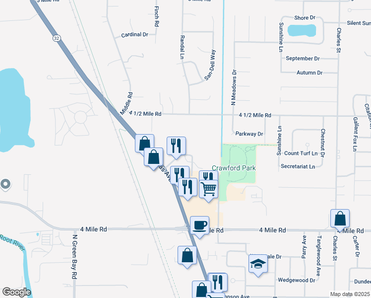 map of restaurants, bars, coffee shops, grocery stores, and more near 5001-5287 Douglas Avenue in Racine