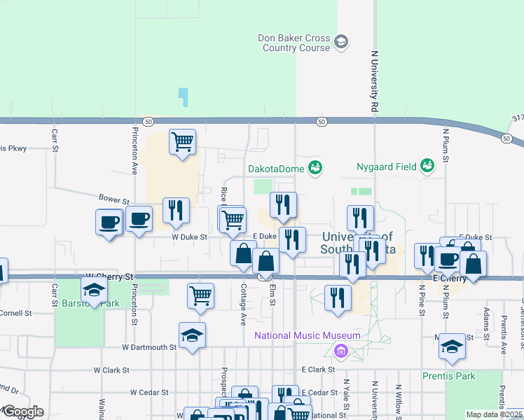 map of restaurants, bars, coffee shops, grocery stores, and more near 24 East Duke Street in Vermillion