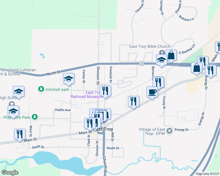 map of restaurants, bars, coffee shops, grocery stores, and more near 2867 Edwards Street in East Troy