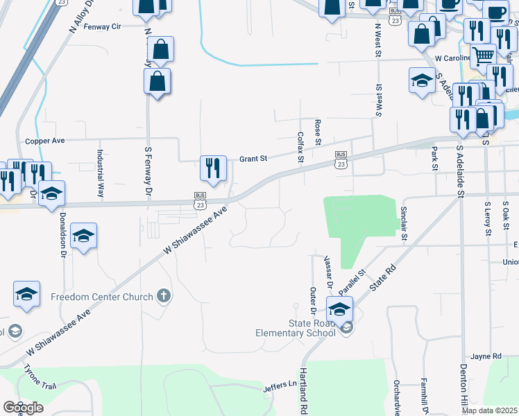 map of restaurants, bars, coffee shops, grocery stores, and more near Whisperwood Drive in Fenton