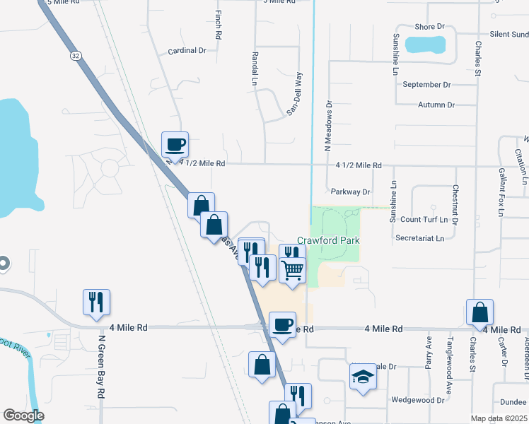 map of restaurants, bars, coffee shops, grocery stores, and more near 5321 Douglas Avenue in Racine