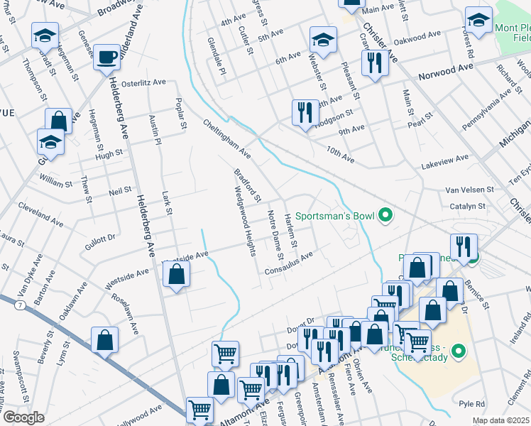 map of restaurants, bars, coffee shops, grocery stores, and more near 1361 Bradford Street in Schenectady