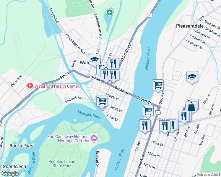 map of restaurants, bars, coffee shops, grocery stores, and more near 49 Broad Street in Waterford