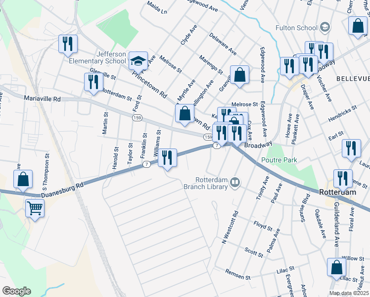 map of restaurants, bars, coffee shops, grocery stores, and more near 347 Mariaville Road in Rotterdam