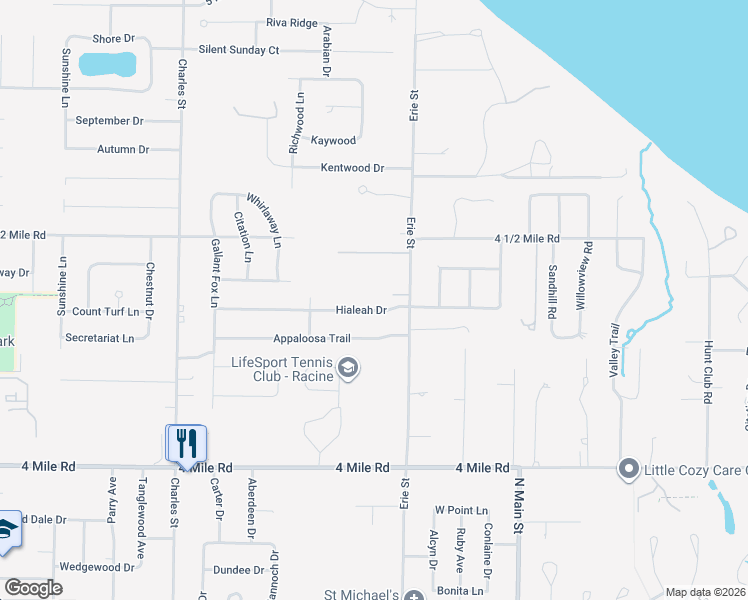 map of restaurants, bars, coffee shops, grocery stores, and more near 5350 Erie Street in Racine