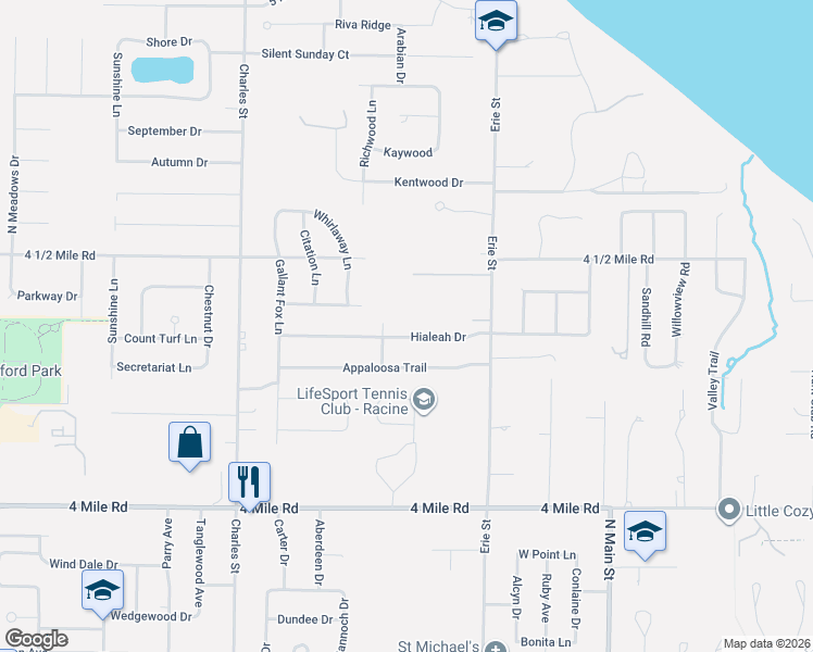 map of restaurants, bars, coffee shops, grocery stores, and more near 5438 Erie Street in Racine