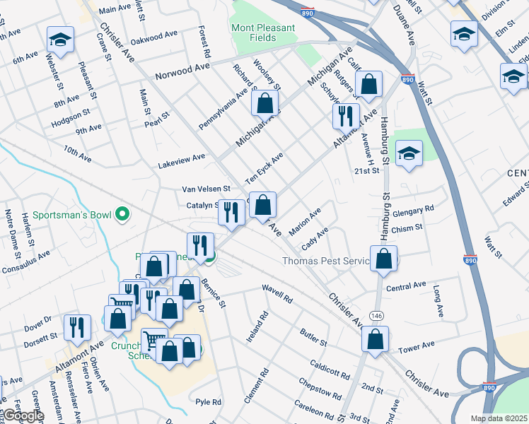 map of restaurants, bars, coffee shops, grocery stores, and more near 1705 Chrisler Avenue in Schenectady