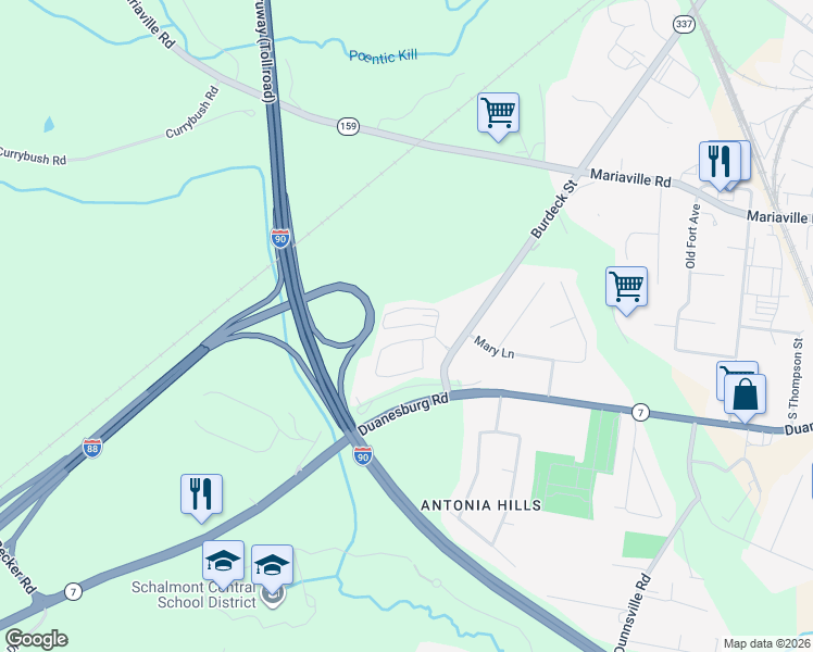 map of restaurants, bars, coffee shops, grocery stores, and more near 994 Burdeck Street in Schenectady