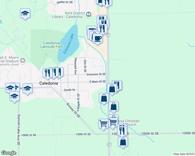 map of restaurants, bars, coffee shops, grocery stores, and more near 627 East Main Street Southeast in Caledonia