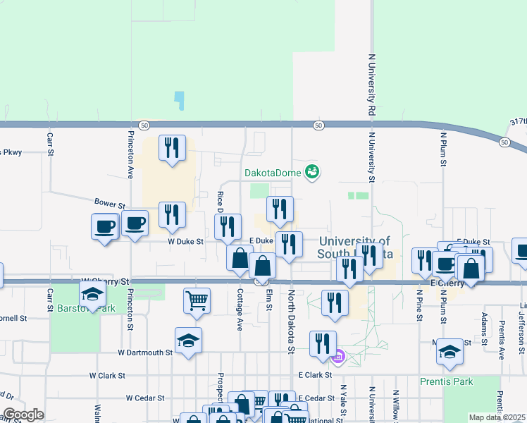map of restaurants, bars, coffee shops, grocery stores, and more near 1002 Elm Street in Vermillion