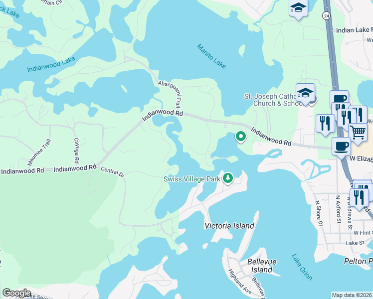 map of restaurants, bars, coffee shops, grocery stores, and more near 535 Cushing Street in Orion charter Township