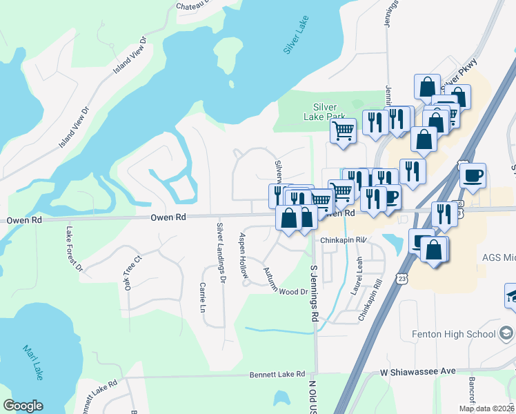 map of restaurants, bars, coffee shops, grocery stores, and more near 4080 Split Rail Lane in Fenton