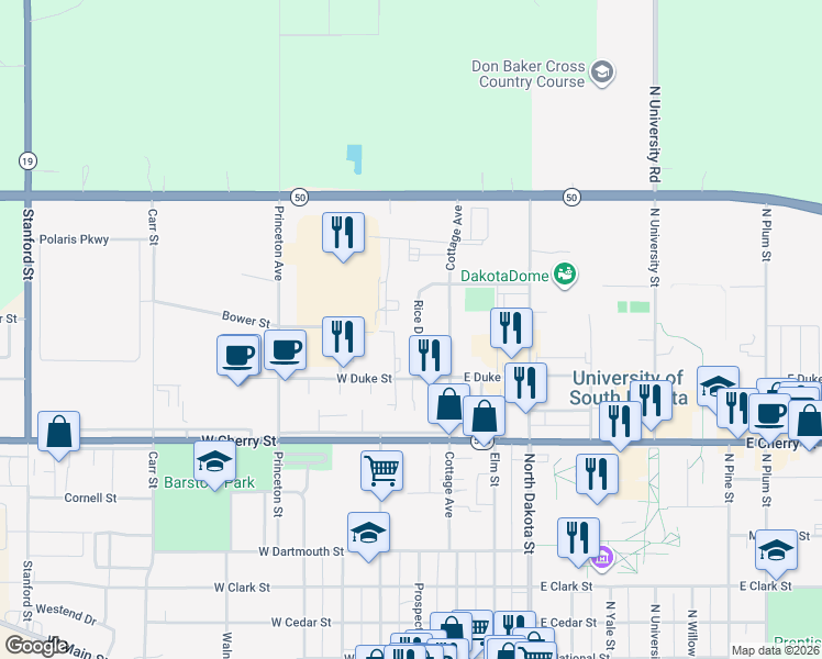 map of restaurants, bars, coffee shops, grocery stores, and more near 1100 Rice Drive in Vermillion