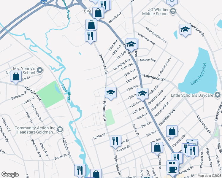 map of restaurants, bars, coffee shops, grocery stores, and more near 68 15th Avenue in Haverhill
