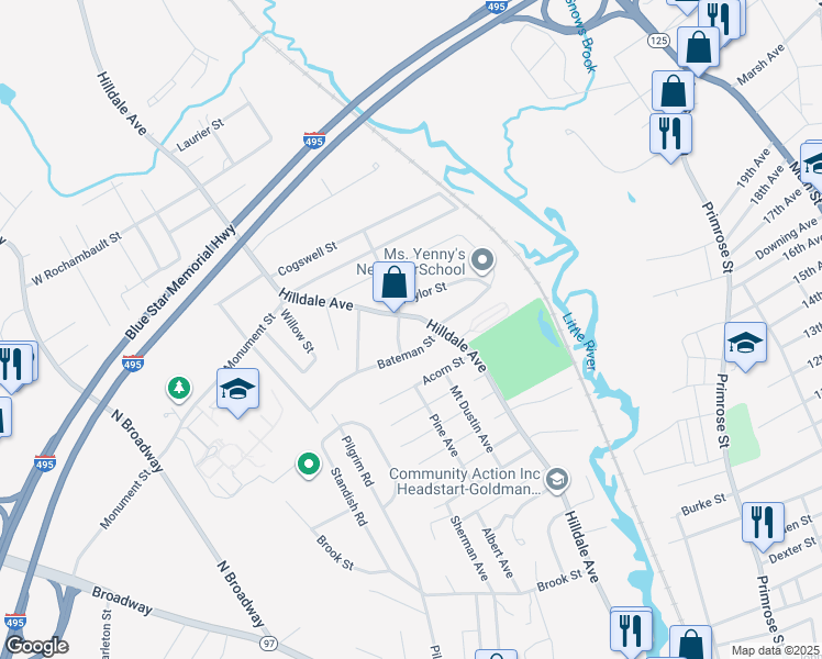 map of restaurants, bars, coffee shops, grocery stores, and more near 401 Hilldale Avenue in Haverhill