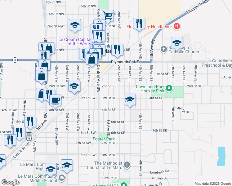 map of restaurants, bars, coffee shops, grocery stores, and more near 200-246 2nd Street Southeast in Le Mars