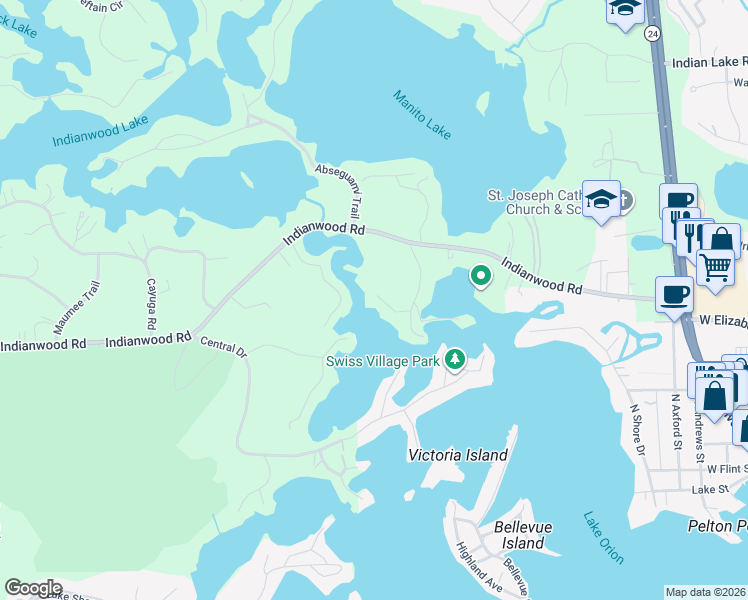 map of restaurants, bars, coffee shops, grocery stores, and more near 535 Cushing Street in Orion charter Township