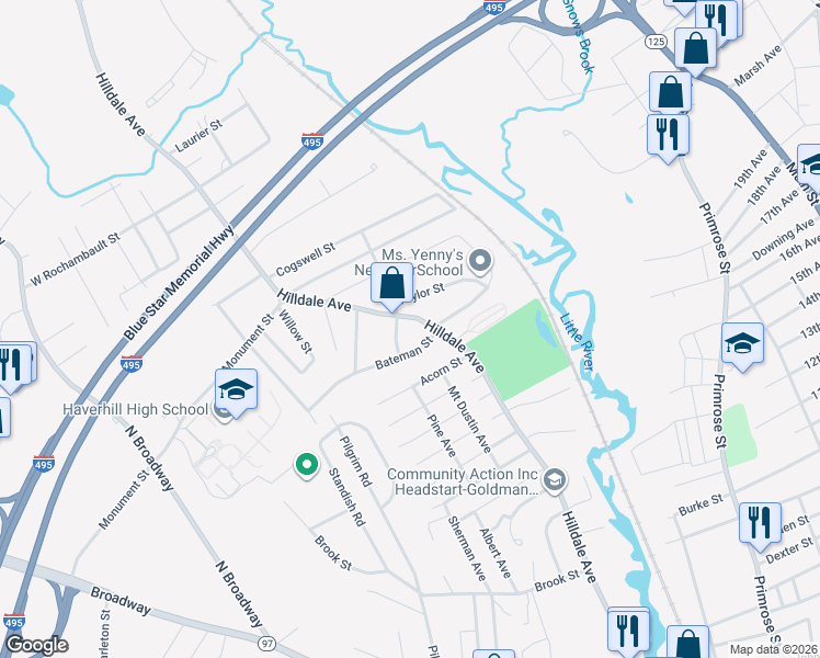map of restaurants, bars, coffee shops, grocery stores, and more near 401 Hilldale Avenue in Haverhill